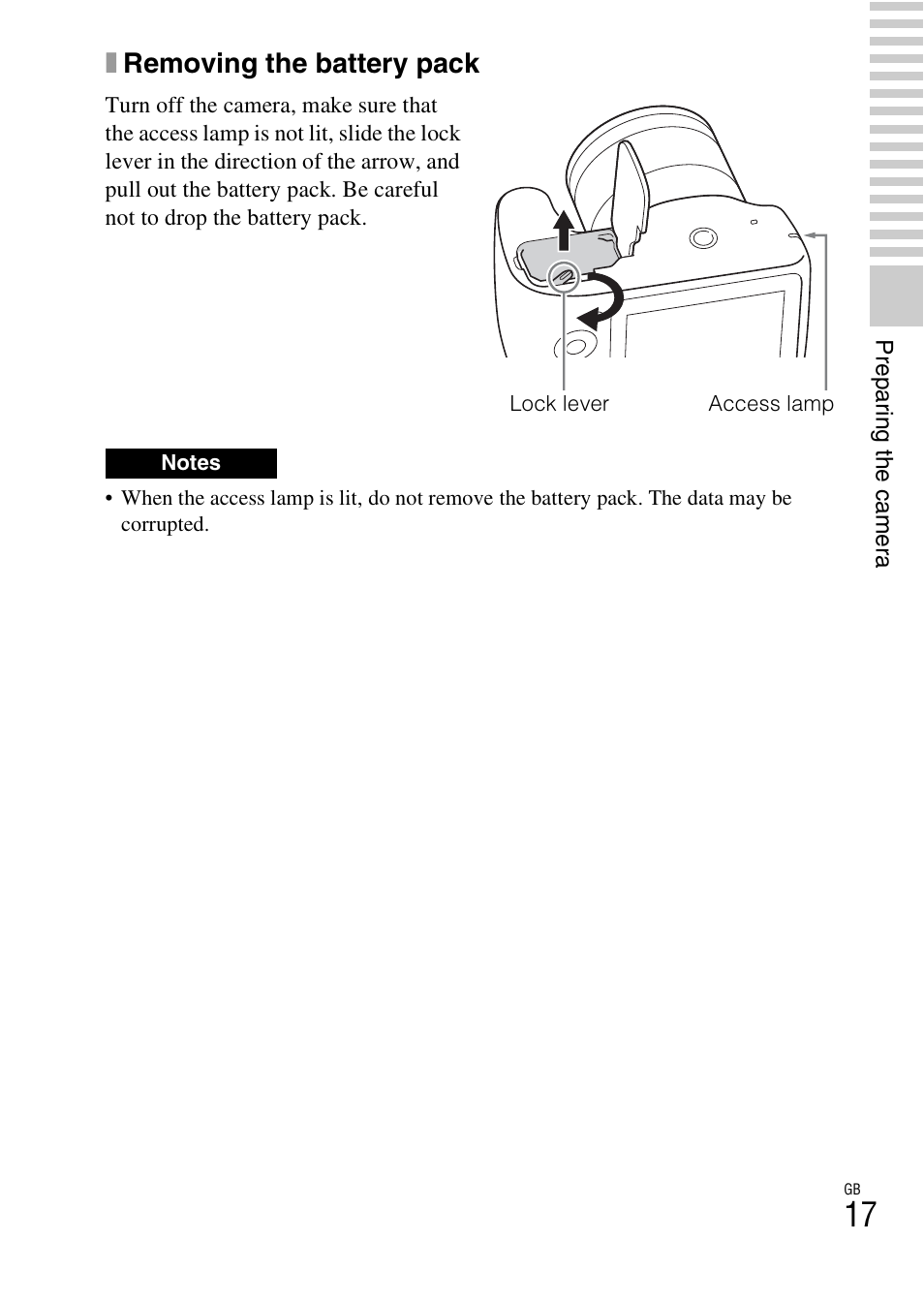 Xremoving the battery pack | Sony ILCE-3000 User Manual | Page 17 / 92