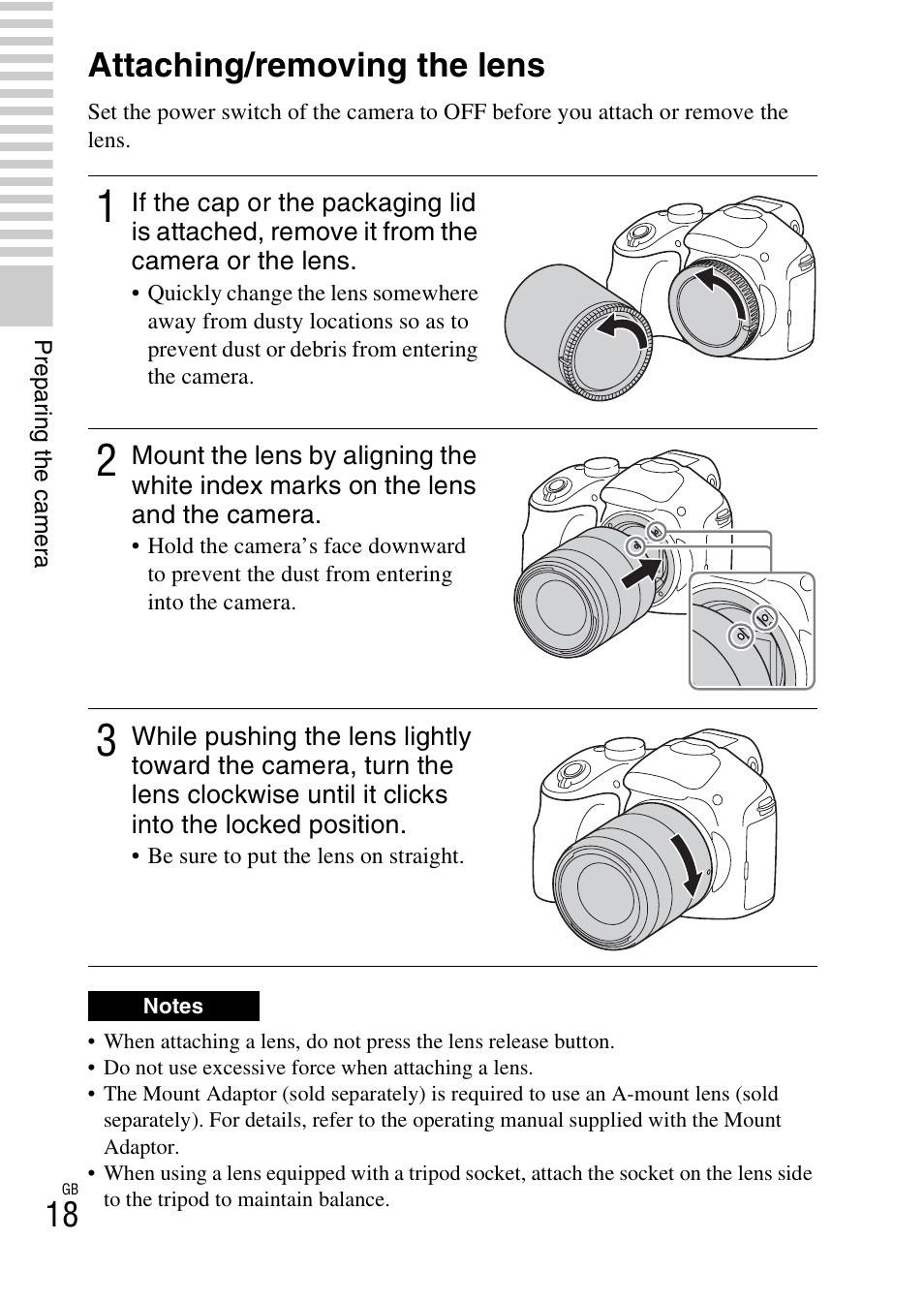 Attaching/removing the lens | Sony ILCE-3000 User Manual | Page 18 / 92