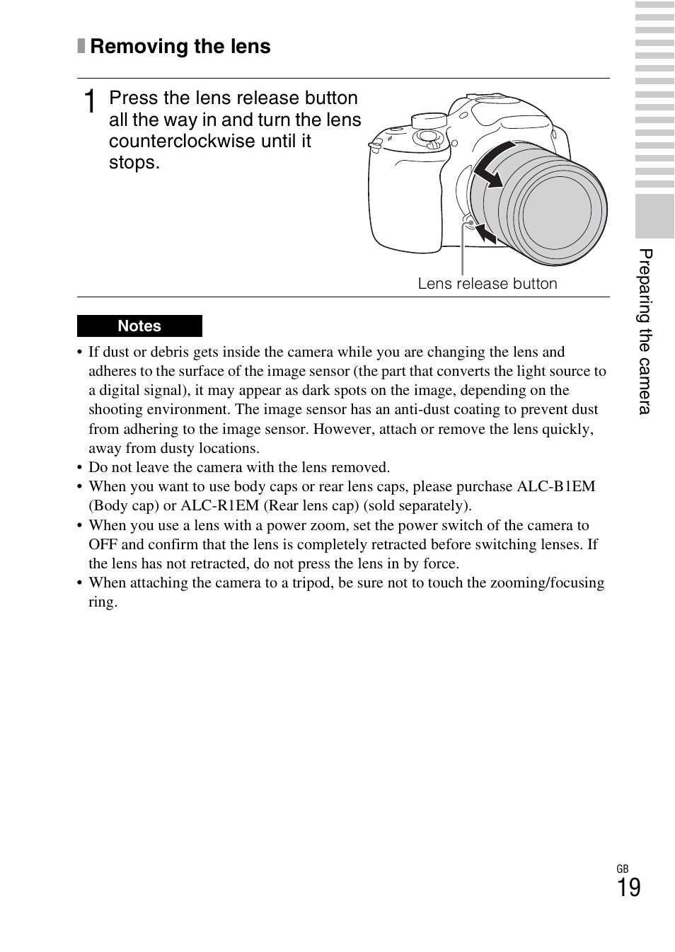 Xremoving the lens | Sony ILCE-3000 User Manual | Page 19 / 92