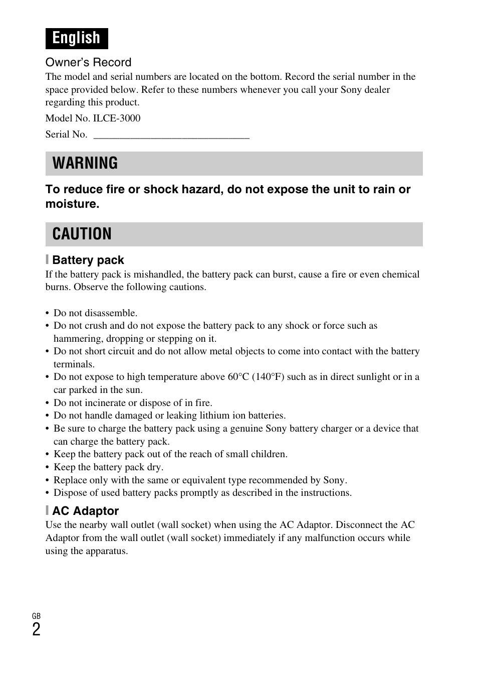 English warning caution | Sony ILCE-3000 User Manual | Page 2 / 92