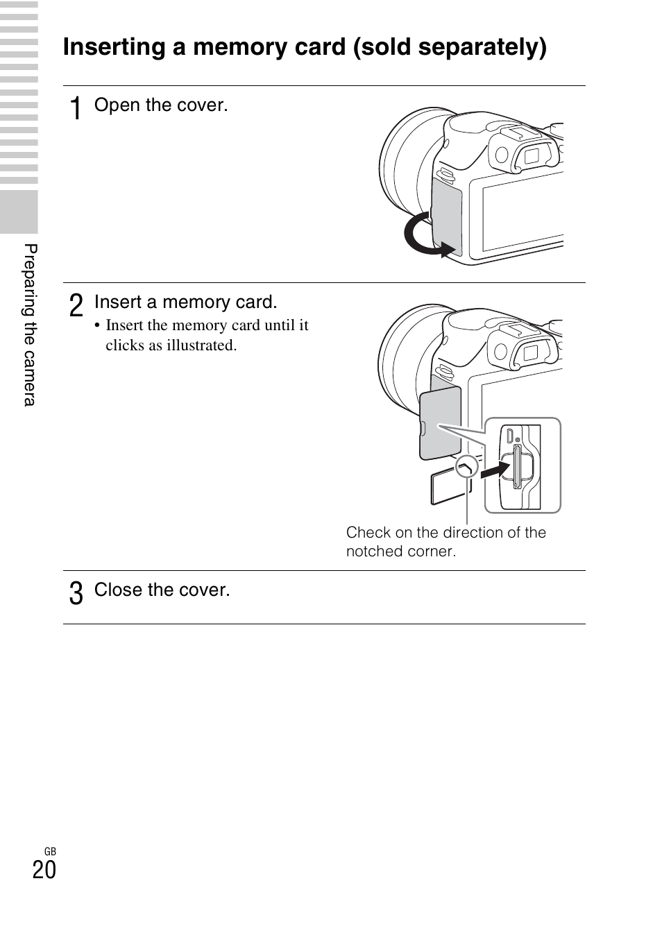 Inserting a memory card (sold separately) | Sony ILCE-3000 User Manual | Page 20 / 92