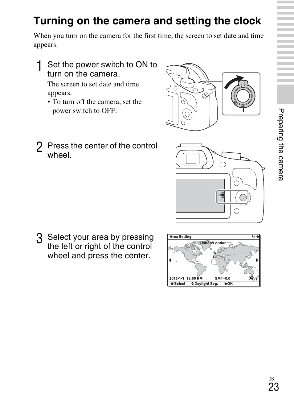 Turning on the camera and setting the clock | Sony ILCE-3000 User Manual | Page 23 / 92