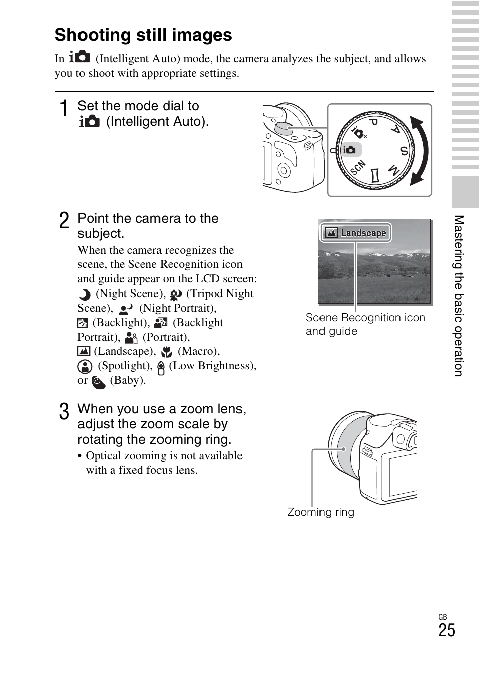 Mastering the basic operation, Shooting still images | Sony ILCE-3000 User Manual | Page 25 / 92