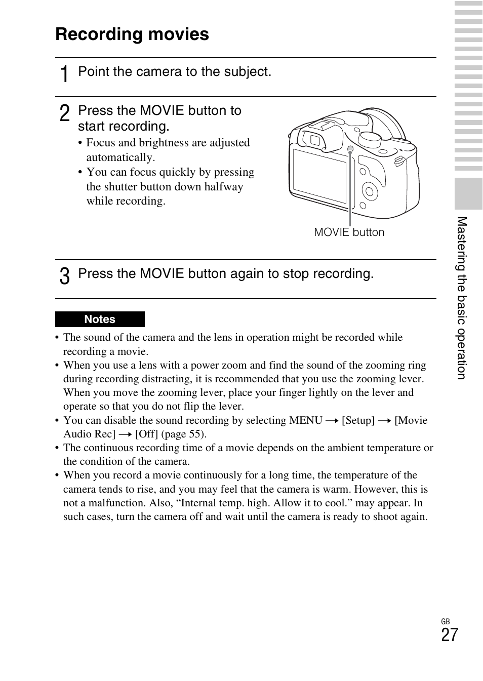 Recording movies, On (27) | Sony ILCE-3000 User Manual | Page 27 / 92