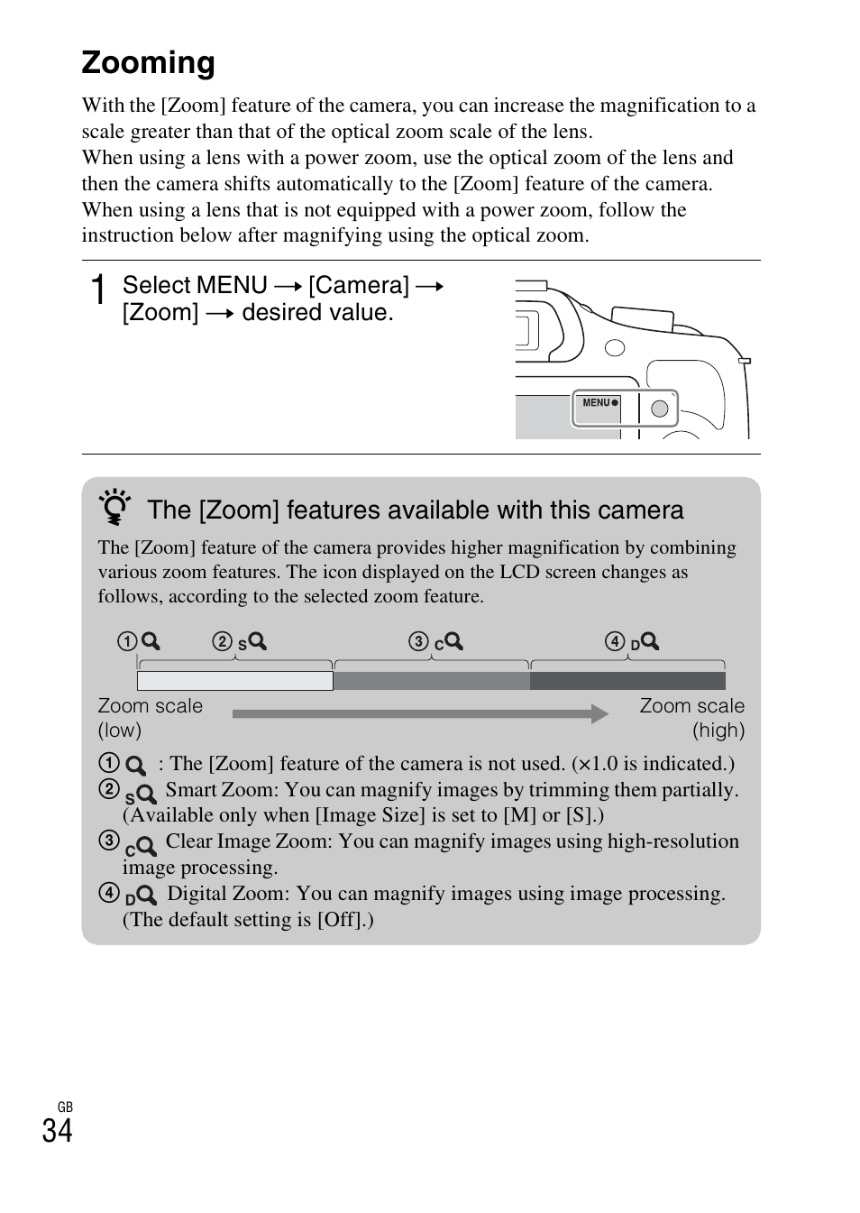 Using the recording functions, Zooming | Sony ILCE-3000 User Manual | Page 34 / 92