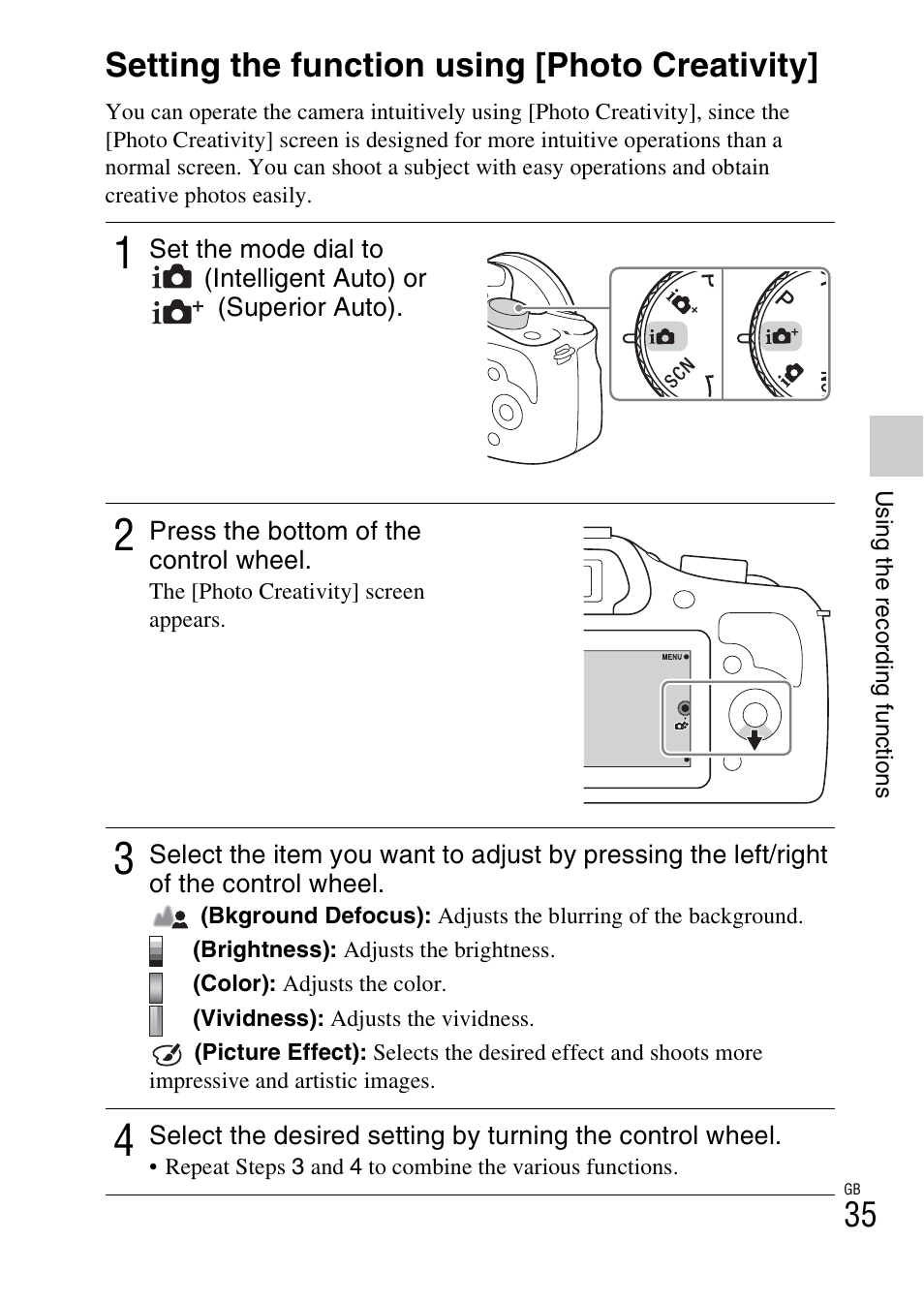 Setting the function using [photo creativity | Sony ILCE-3000 User Manual | Page 35 / 92