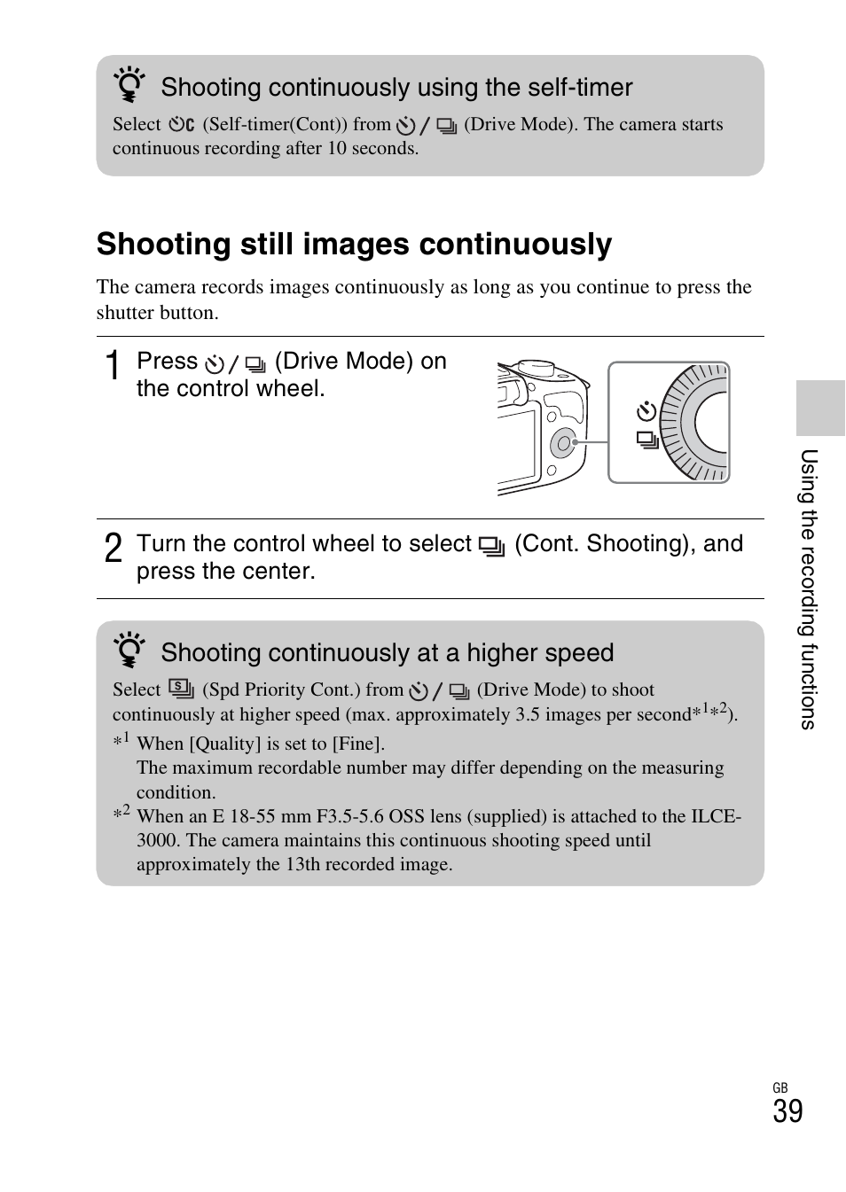 Shooting still images continuously, Shooting continuously using the self-timer, Shooting continuously at a higher speed | Sony ILCE-3000 User Manual | Page 39 / 92