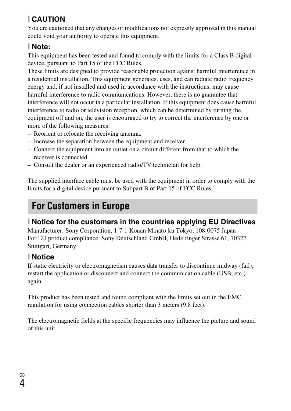 For customers in europe | Sony ILCE-3000 User Manual | Page 4 / 92