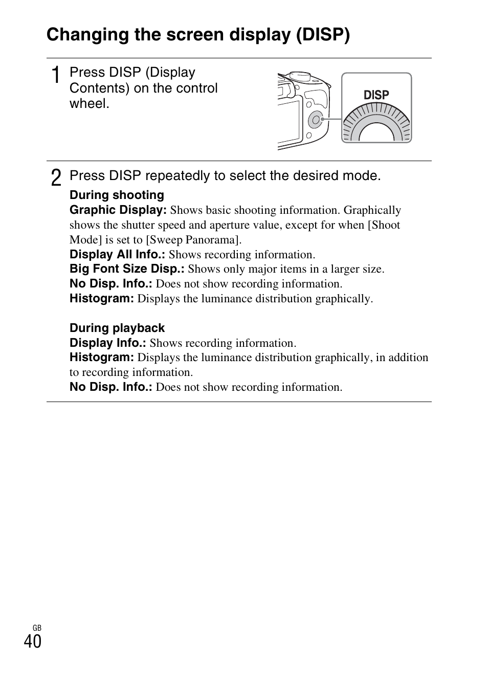 Changing the screen display (disp), 40 changing the screen display (disp) | Sony ILCE-3000 User Manual | Page 40 / 92