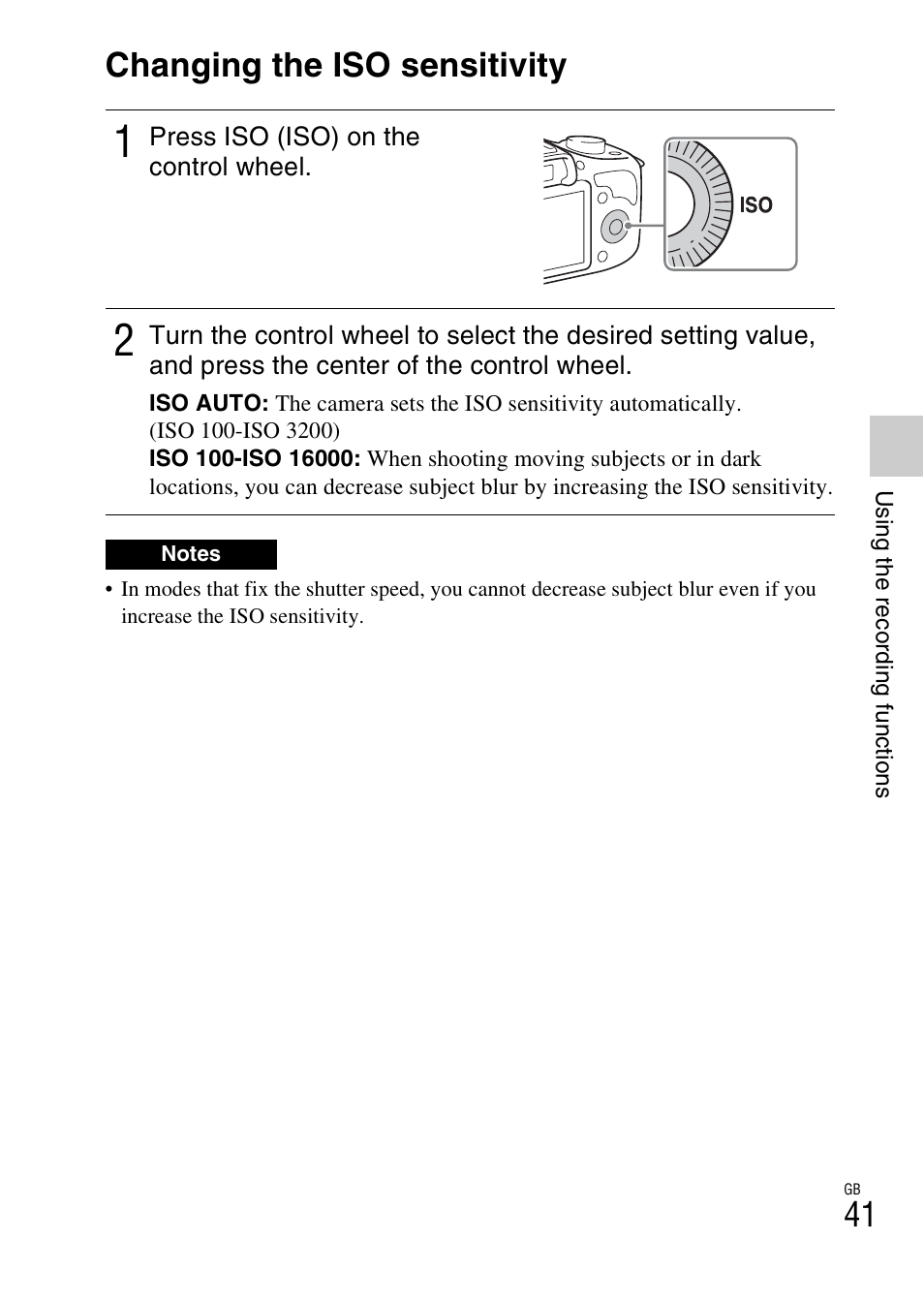 Changing the iso sensitivity | Sony ILCE-3000 User Manual | Page 41 / 92