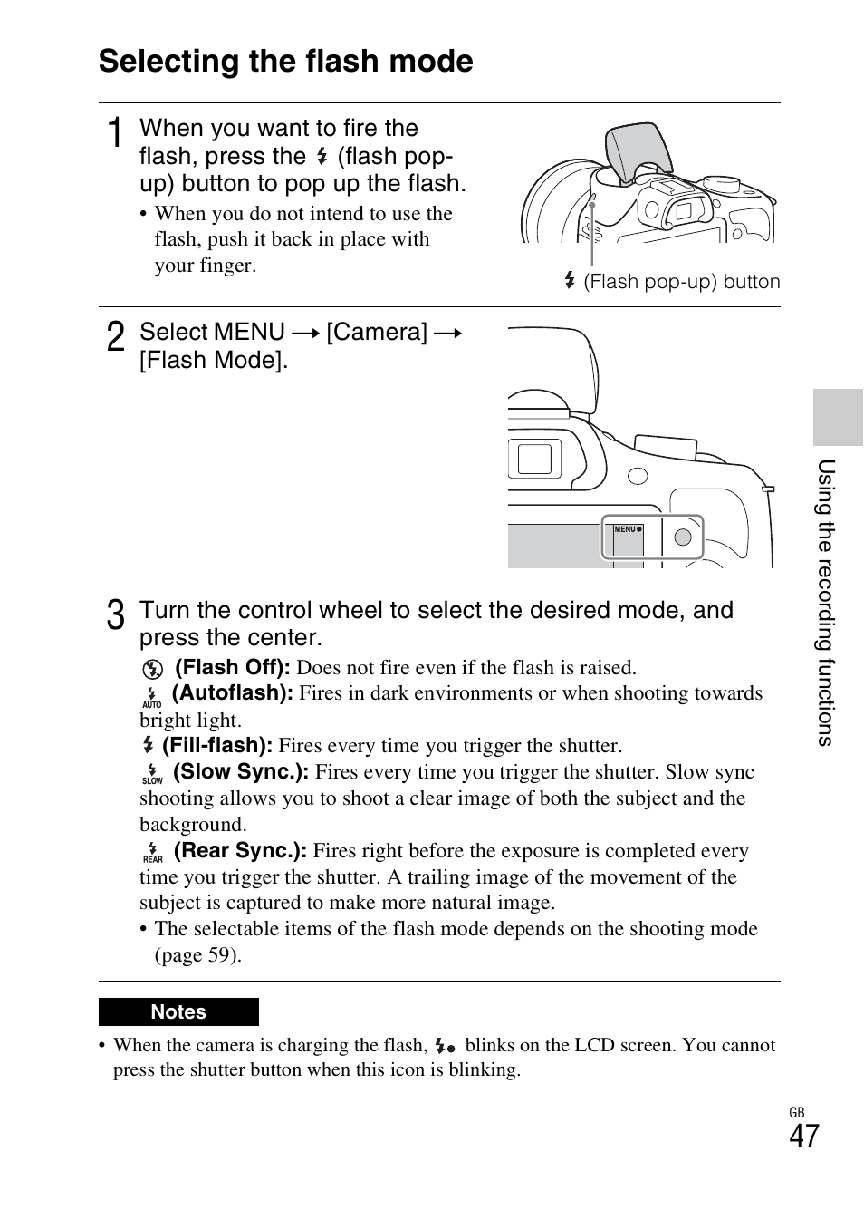 Selecting the flash mode | Sony ILCE-3000 User Manual | Page 47 / 92