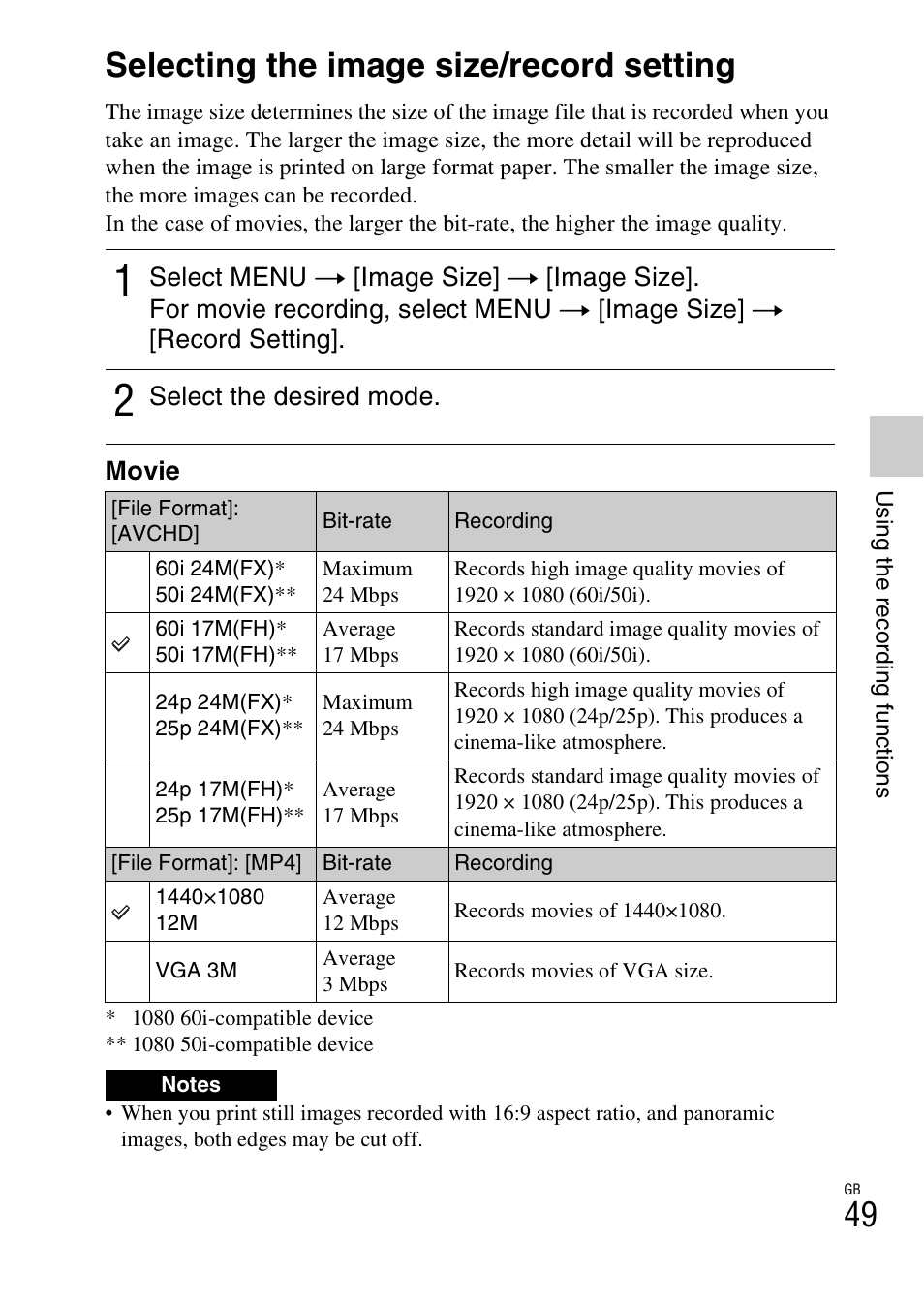 Selecting the image size/record setting | Sony ILCE-3000 User Manual | Page 49 / 92