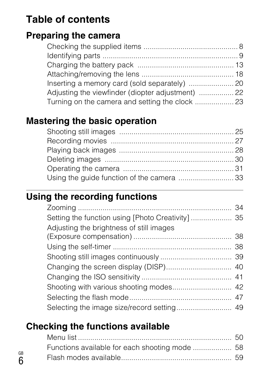 6table of contents, Preparing the camera, Mastering the basic operation | Using the recording functions, Checking the functions available | Sony ILCE-3000 User Manual | Page 6 / 92