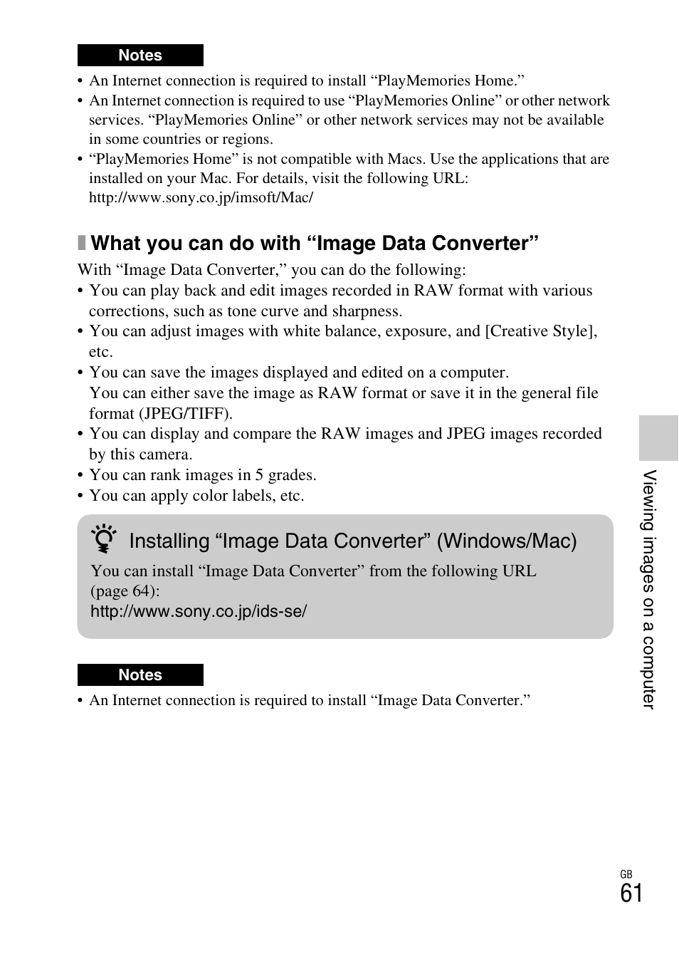 Xwhat you can do with “image data converter, Installing “image data converter” (windows/mac) | Sony ILCE-3000 User Manual | Page 61 / 92