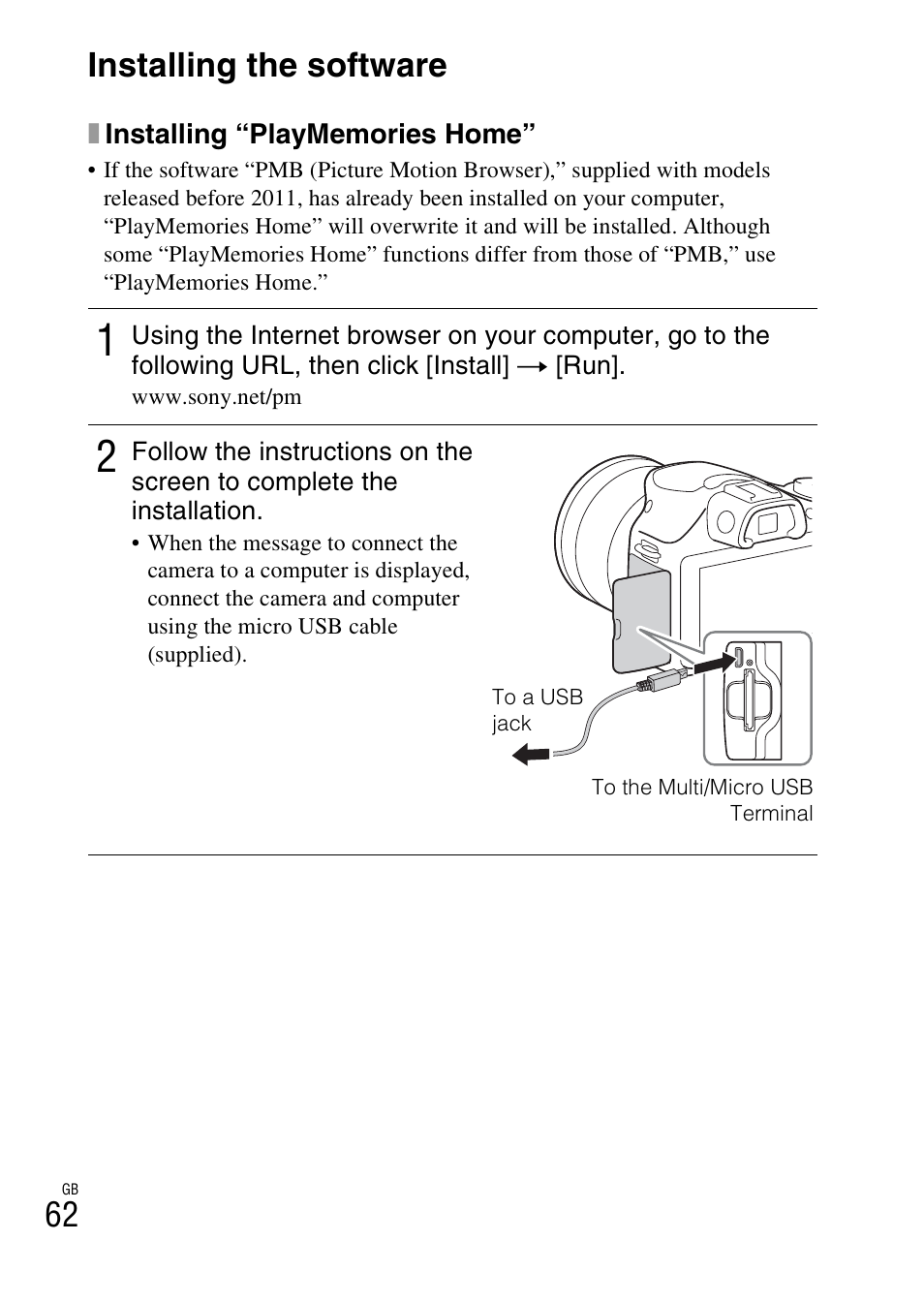 Installing the software, 62 installing the software | Sony ILCE-3000 User Manual | Page 62 / 92