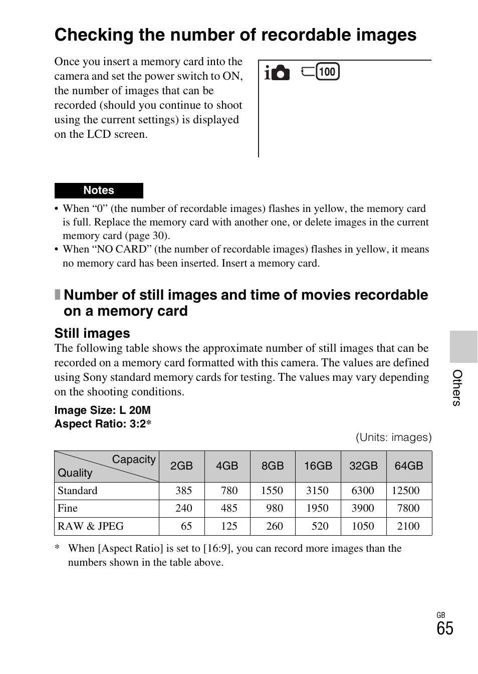 Others, Checking the number of recordable images, Still images | Sony ILCE-3000 User Manual | Page 65 / 92