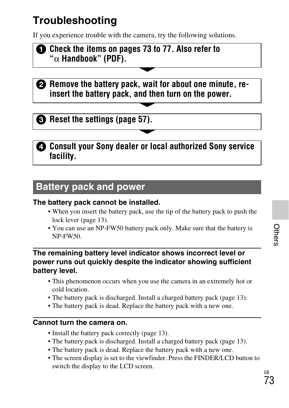 Troubleshooting, Battery pack and power | Sony ILCE-3000 User Manual | Page 73 / 92