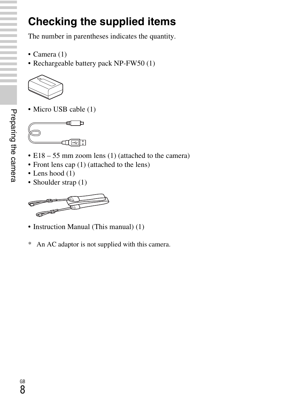 Preparing the camera, Checking the supplied items | Sony ILCE-3000 User Manual | Page 8 / 92