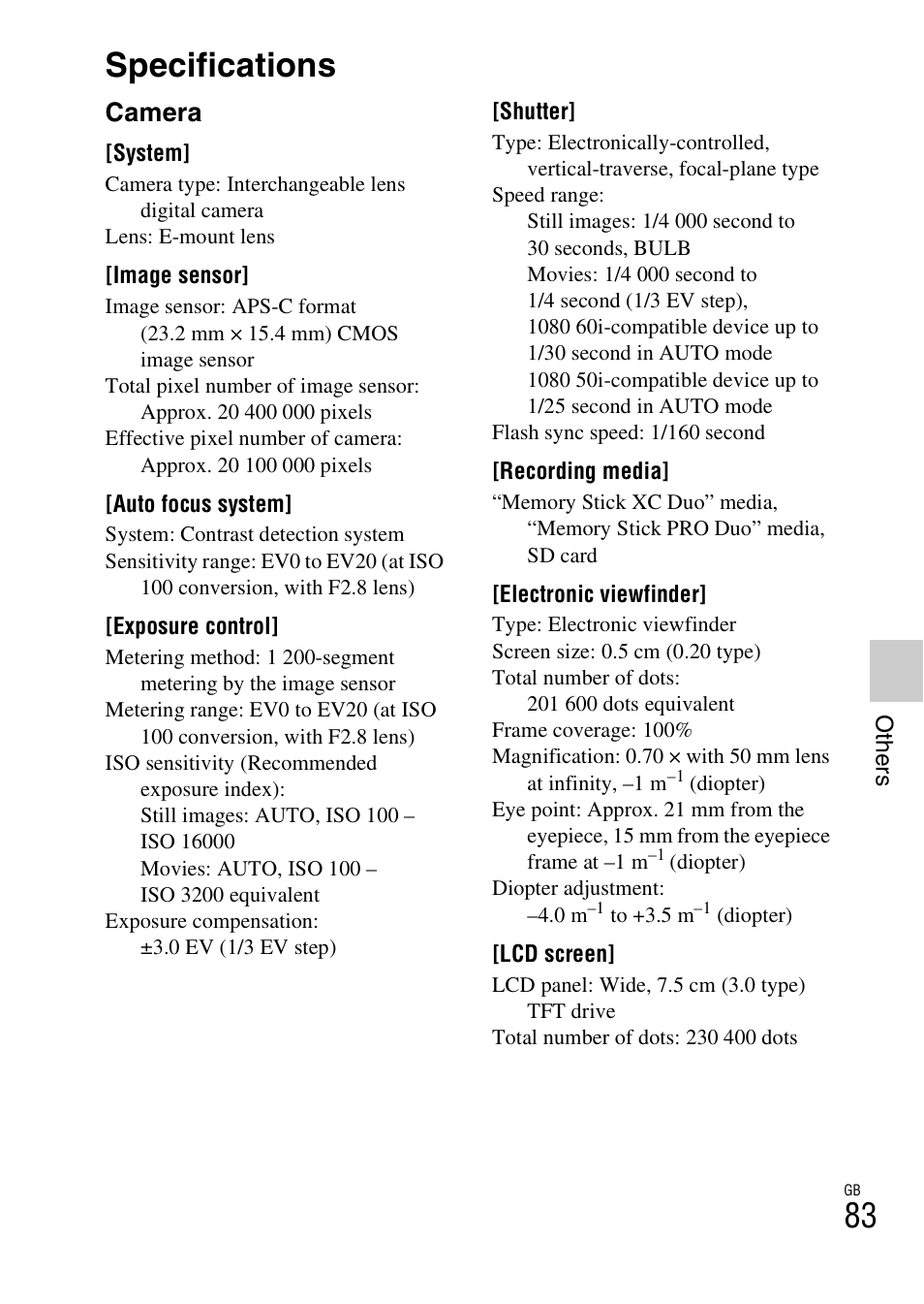 Specifications, Camera | Sony ILCE-3000 User Manual | Page 83 / 92