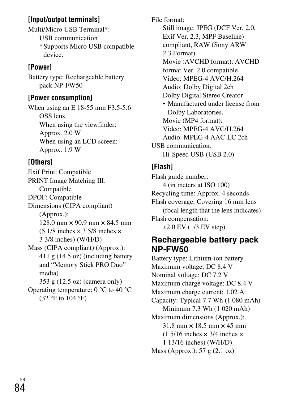 Rechargeable battery pack np-fw50 | Sony ILCE-3000 User Manual | Page 84 / 92