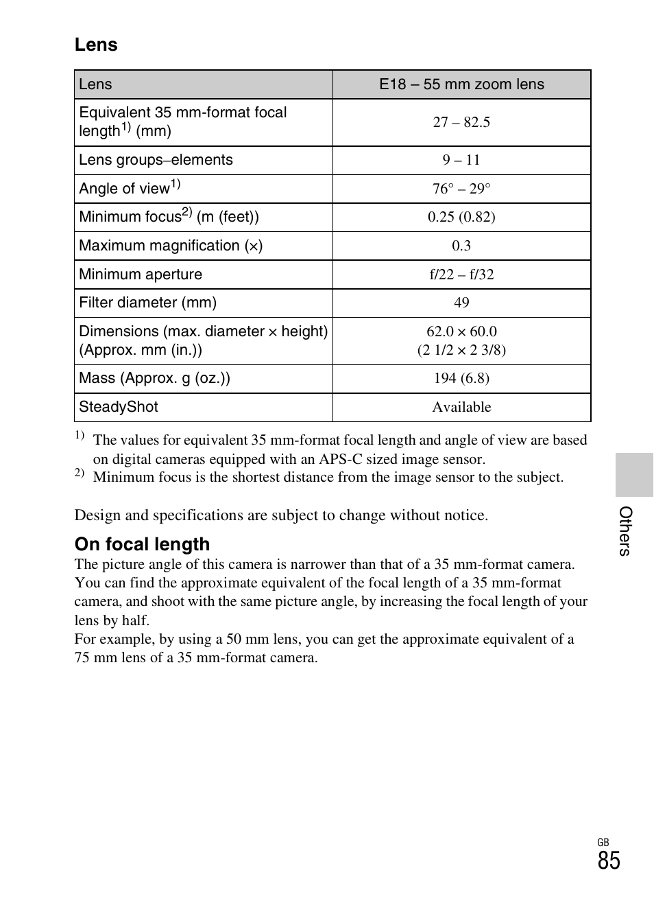 Lens, On focal length | Sony ILCE-3000 User Manual | Page 85 / 92