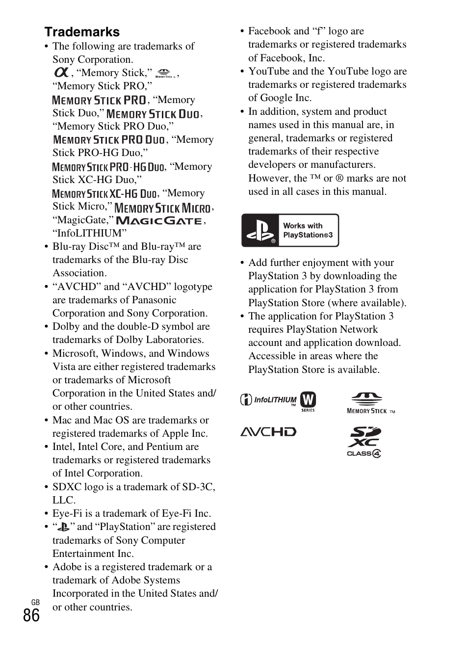 Trademarks | Sony ILCE-3000 User Manual | Page 86 / 92