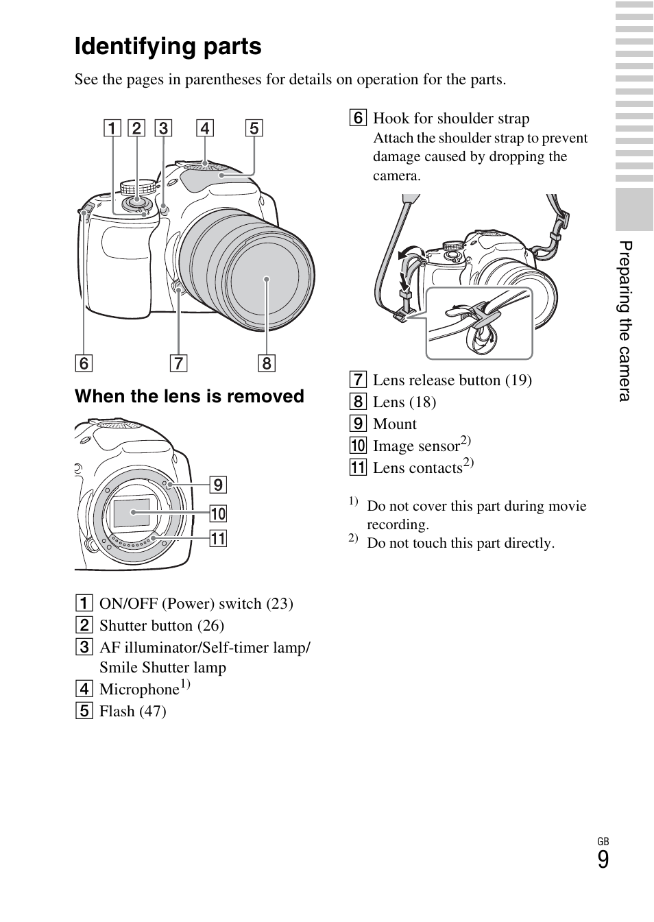 Identifying parts | Sony ILCE-3000 User Manual | Page 9 / 92