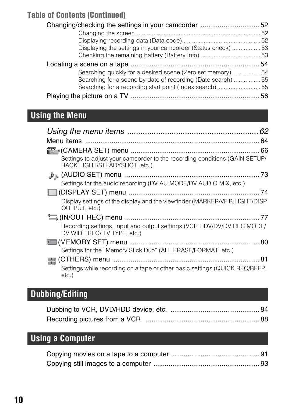 Using the menu dubbing/editing using a computer, Using the menu items, Table of contents ( continued) | Sony HDR-FX1000 User Manual | Page 10 / 151