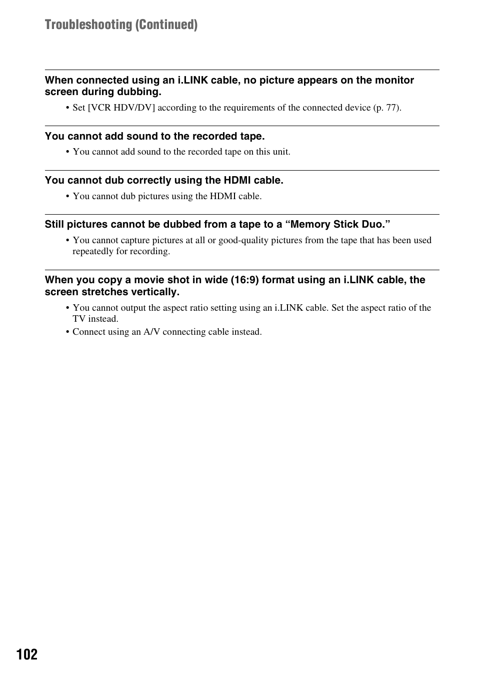 Troubleshooting (continued) | Sony HDR-FX1000 User Manual | Page 102 / 151