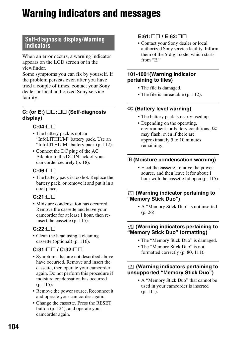 Warning indicators and messages, Self-diagnosis display/warning indicators | Sony HDR-FX1000 User Manual | Page 104 / 151