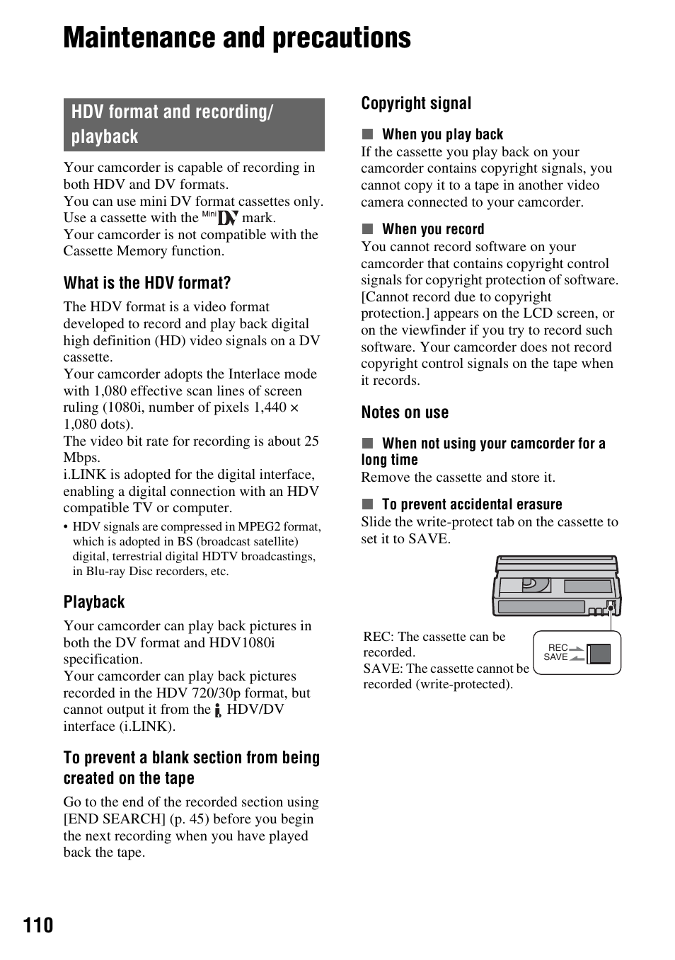 Maintenance and precautions, Hdv format and recording/ playback, Hdv format and recording/playback | P. 110 | Sony HDR-FX1000 User Manual | Page 110 / 151