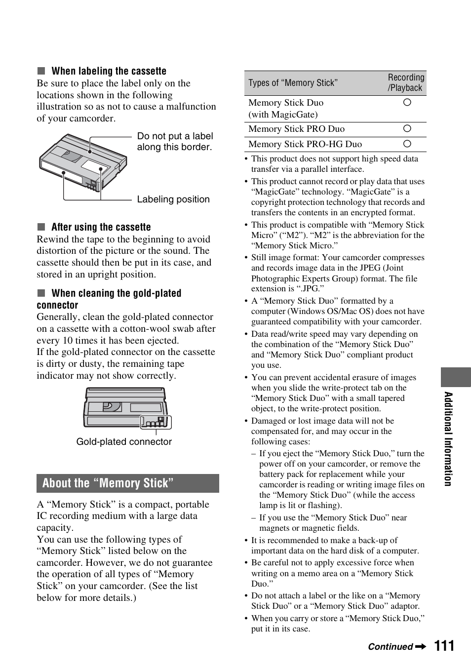 About the “memory stick, And p. 111 fo, P. 111) | P. 111 | Sony HDR-FX1000 User Manual | Page 111 / 151