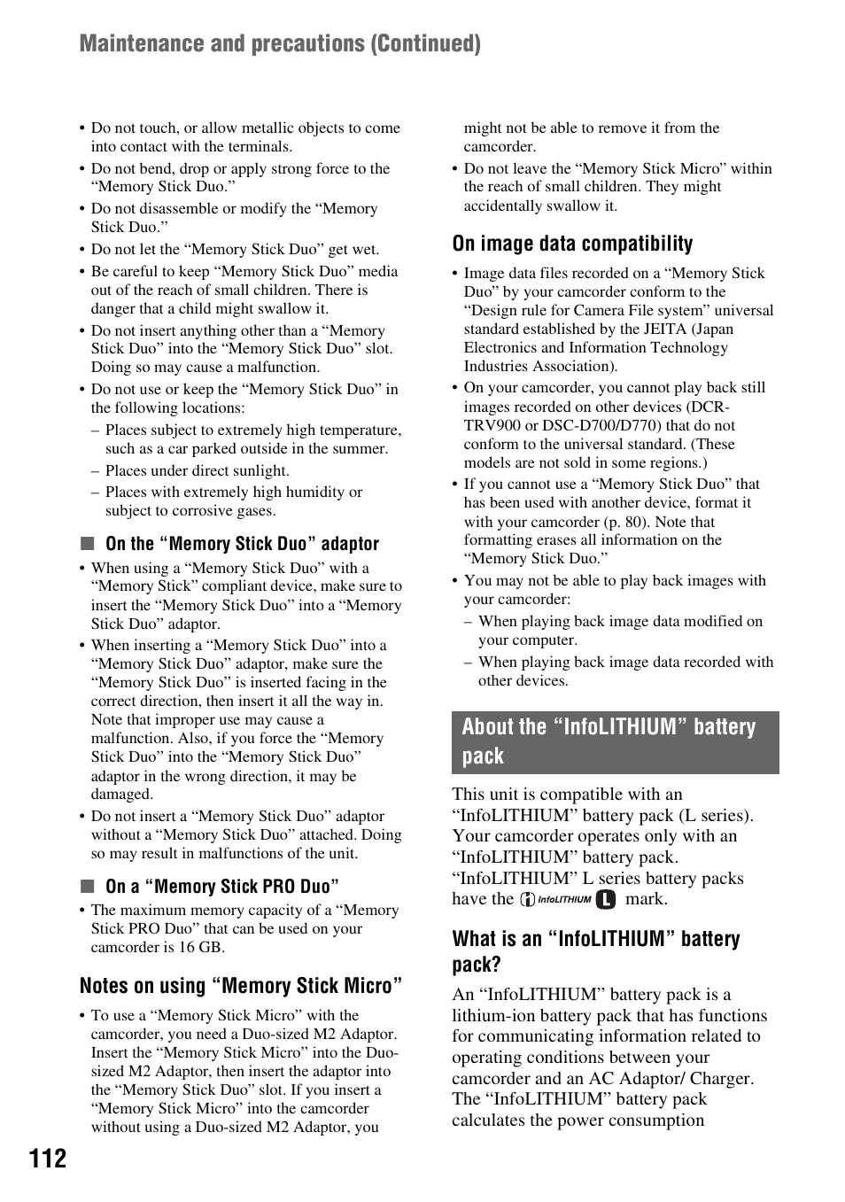 About the “infolithium” battery pack, P. 112), P. 112 | Maintenance and precautions ( continued), On image data compatibility, What is an “infolithium” battery pack | Sony HDR-FX1000 User Manual | Page 112 / 151