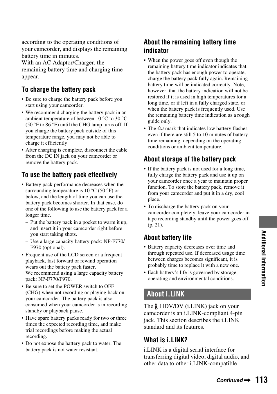 About i.link, About the remaining battery time indicator, About storage of the battery pack | About battery life, What is i.link | Sony HDR-FX1000 User Manual | Page 113 / 151
