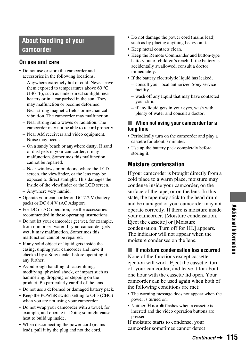 About handling of your camcorder, P. 115), P. 115 | On use and care, Moisture condensation | Sony HDR-FX1000 User Manual | Page 115 / 151