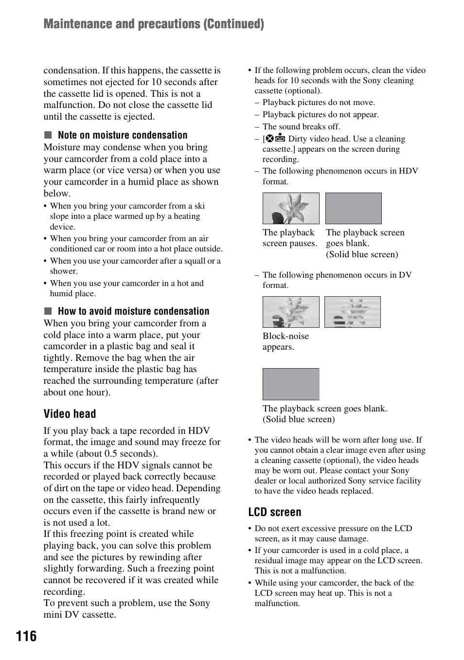 P. 116, P. 116), Maintenance and precautions ( continued) | Video head, Lcd screen | Sony HDR-FX1000 User Manual | Page 116 / 151