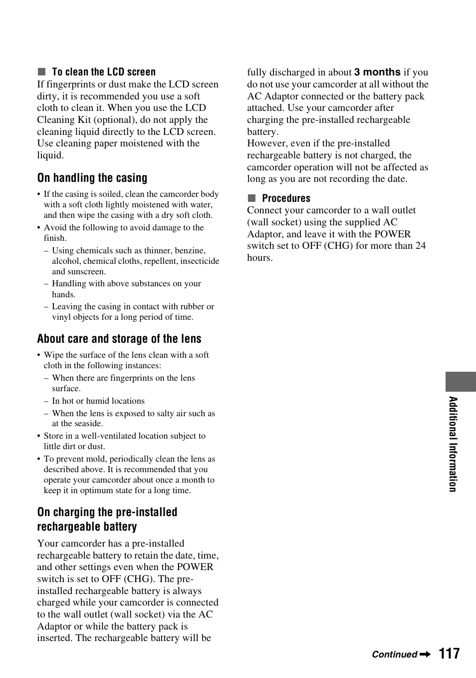 On handling the casing, About care and storage of the lens, On charging the pre-installed rechargeable battery | Sony HDR-FX1000 User Manual | Page 117 / 151