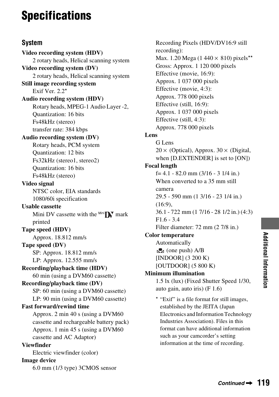 Specifications | Sony HDR-FX1000 User Manual | Page 119 / 151