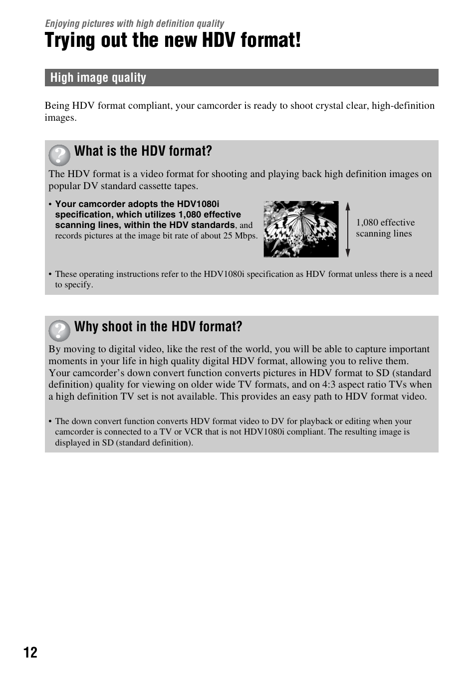 Enjoying pictures with high definition quality, Trying out the new hdv format, Enjoying pictures with | High definition quality, What is the hdv format, Why shoot in the hdv format | Sony HDR-FX1000 User Manual | Page 12 / 151