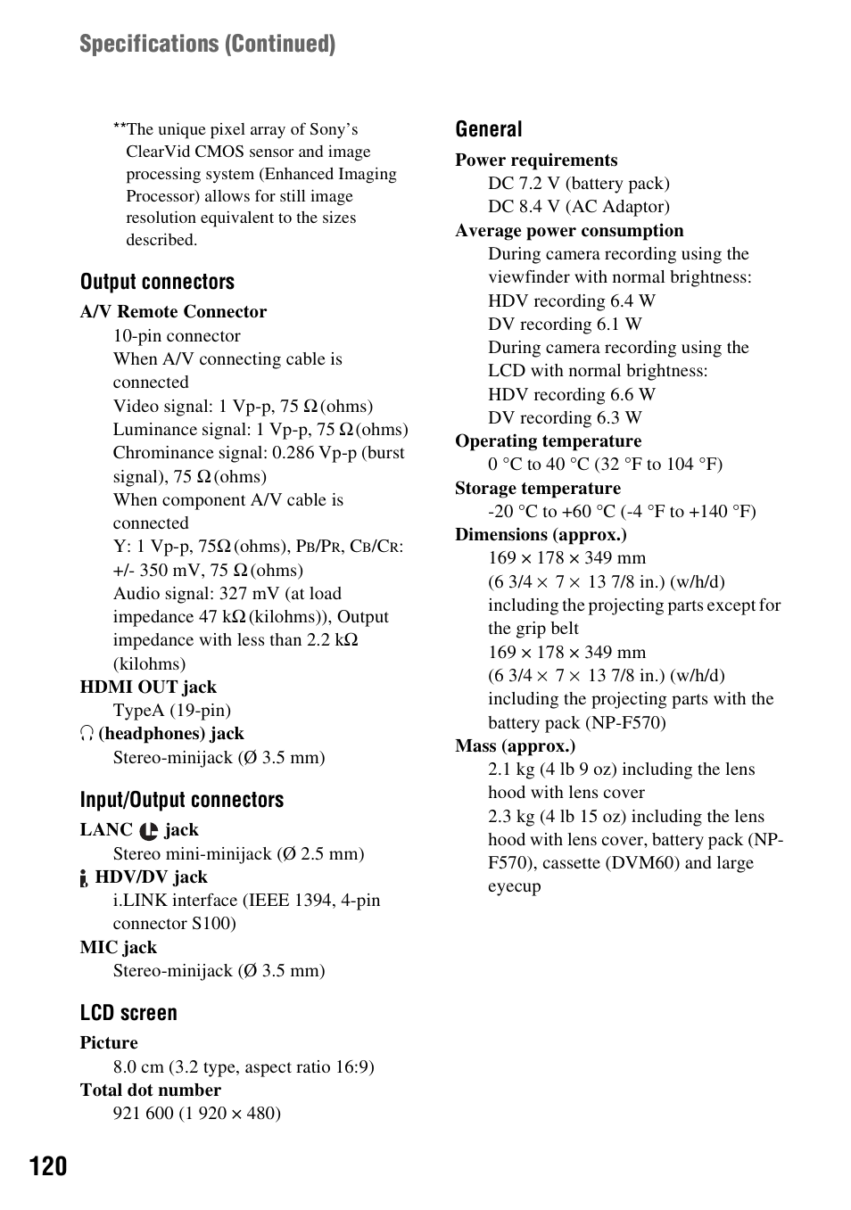 Specifications ( continued) | Sony HDR-FX1000 User Manual | Page 120 / 151