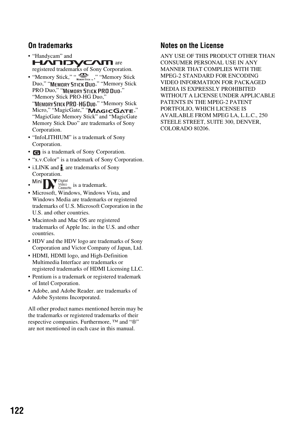 On trademarks | Sony HDR-FX1000 User Manual | Page 122 / 151
