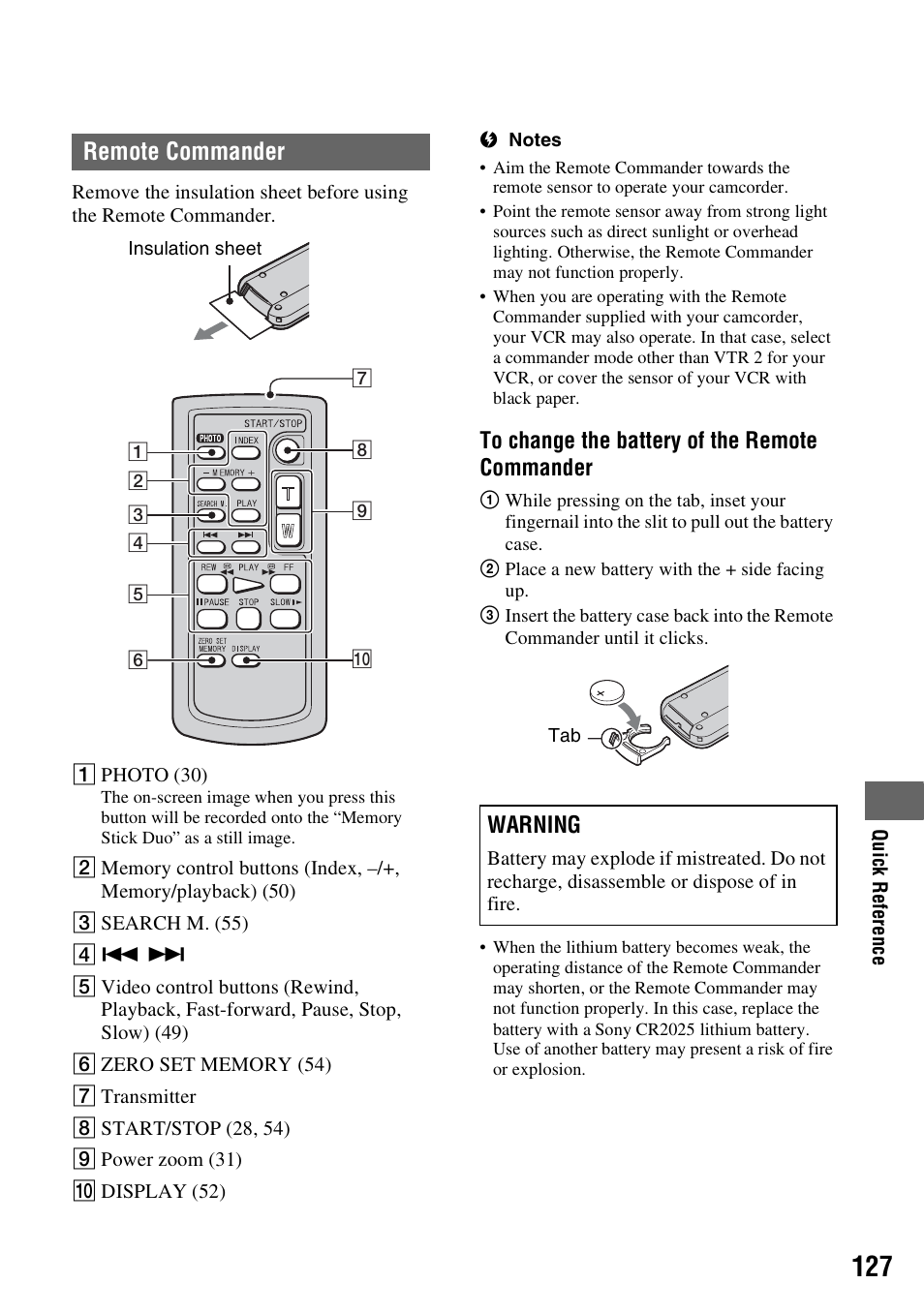 P. 127), Remote commander, Warning | Sony HDR-FX1000 User Manual | Page 127 / 151