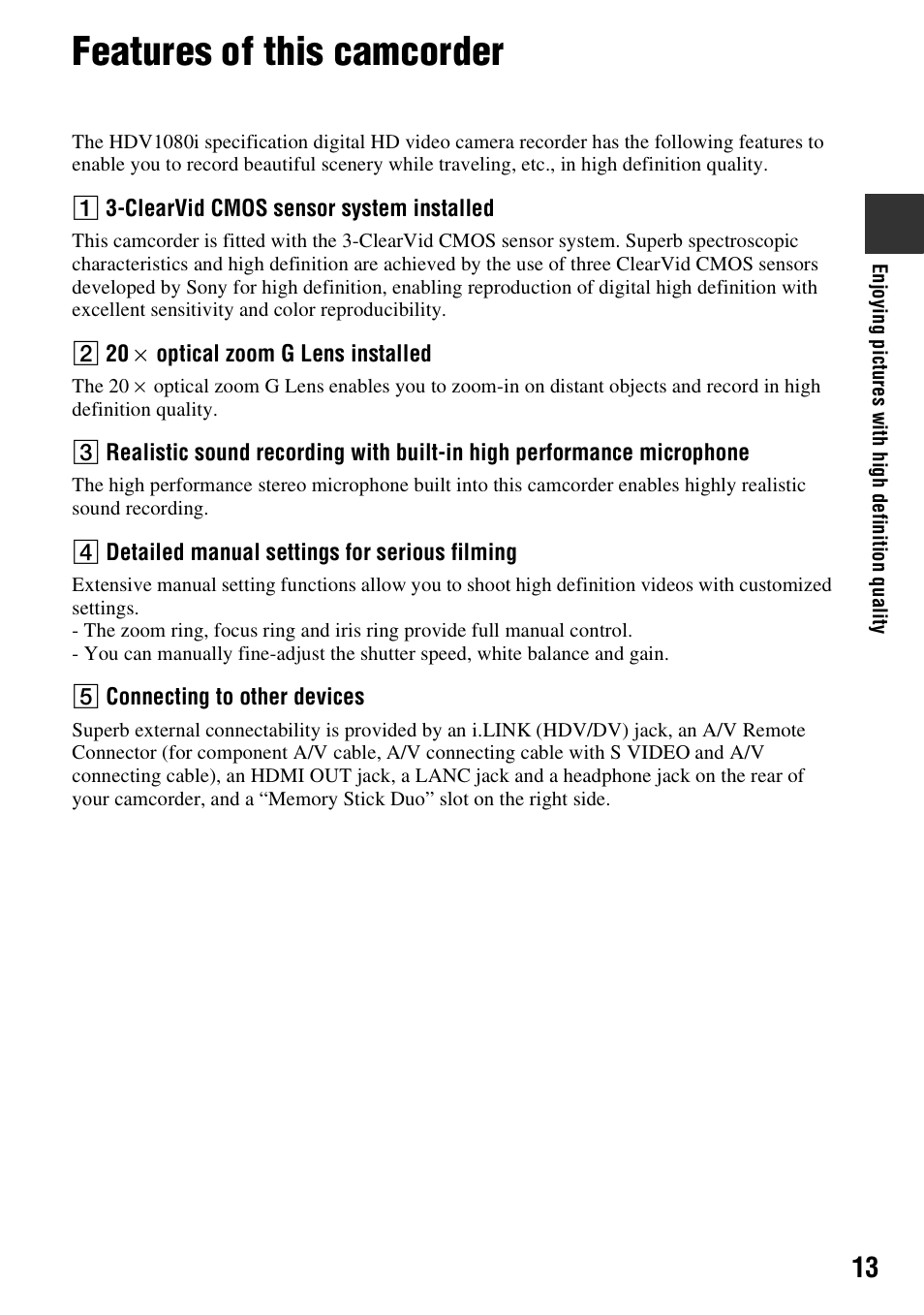 Features of this camcorder | Sony HDR-FX1000 User Manual | Page 13 / 151