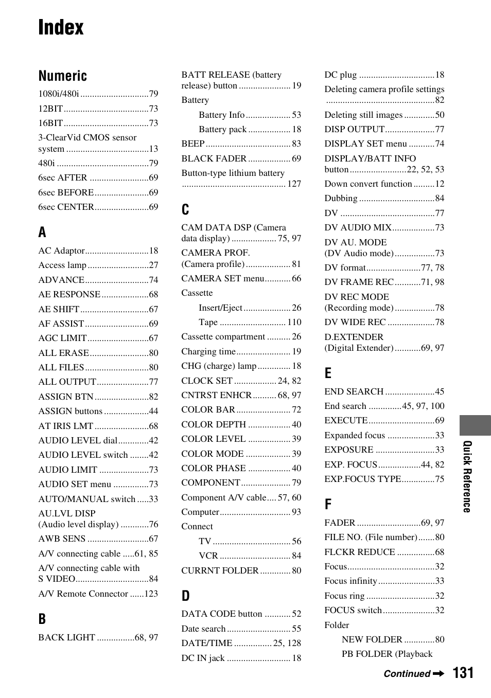 Index, Numeric | Sony HDR-FX1000 User Manual | Page 131 / 151