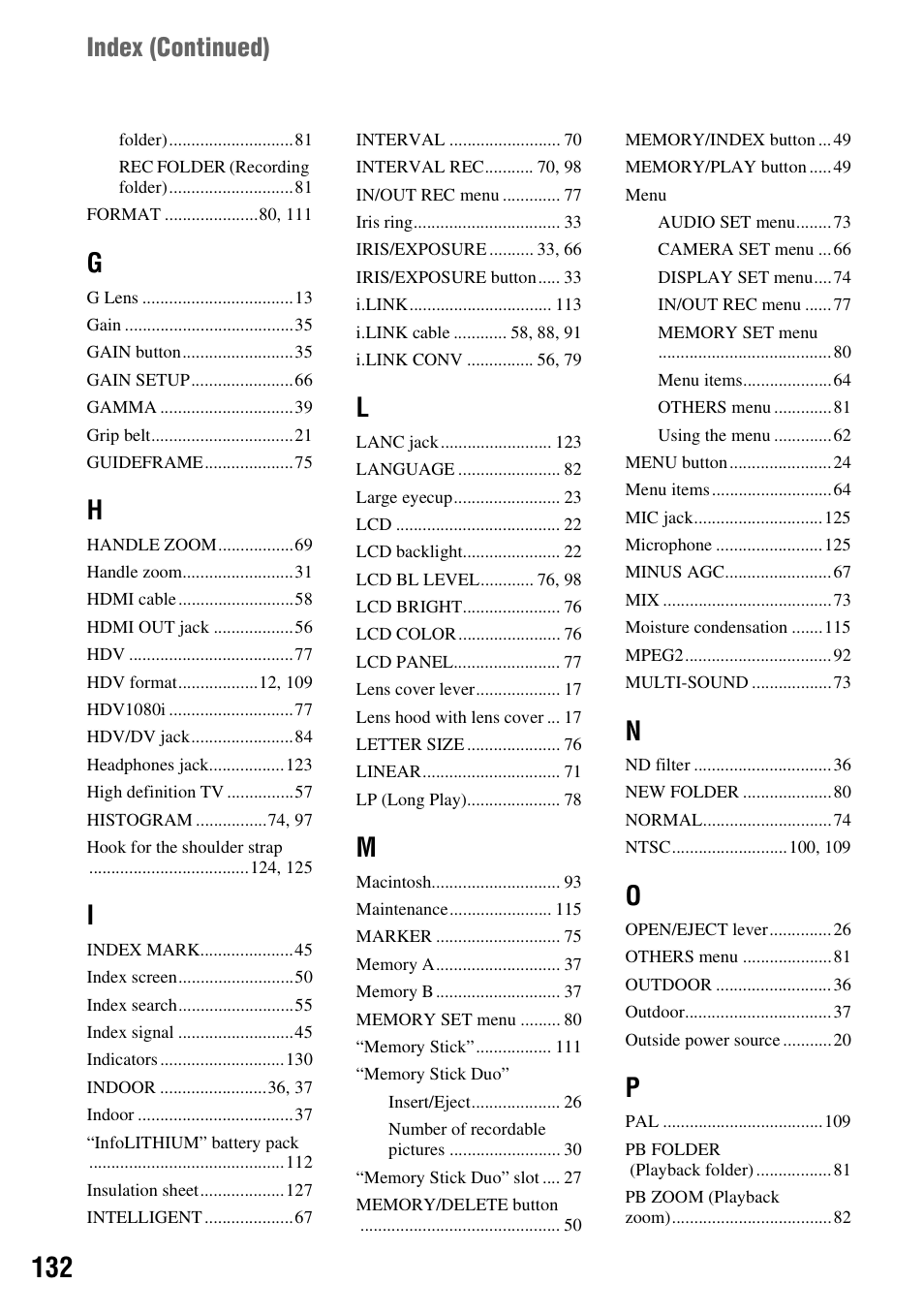 Index (continued) | Sony HDR-FX1000 User Manual | Page 132 / 151