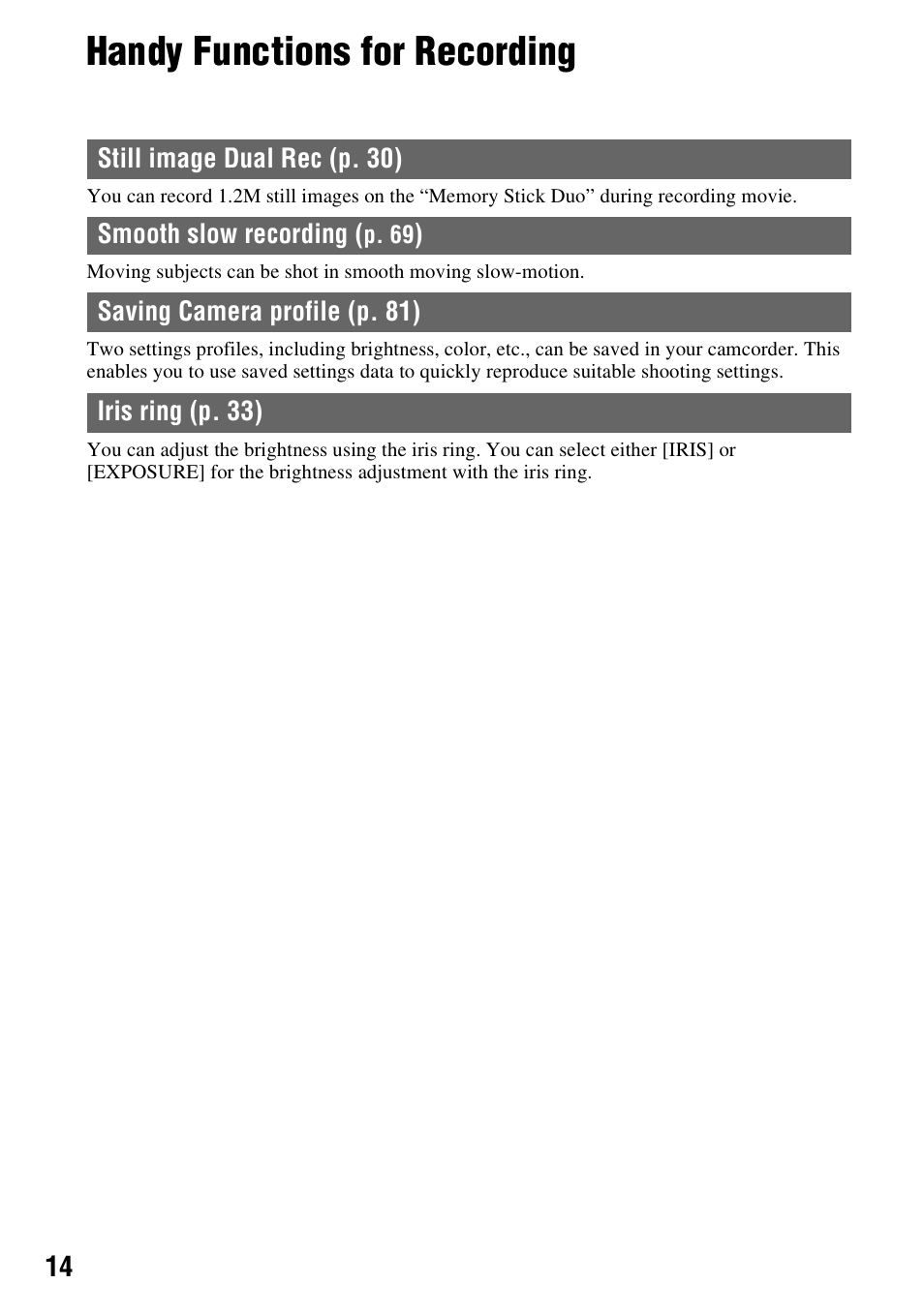 Handy functions for recording | Sony HDR-FX1000 User Manual | Page 14 / 151