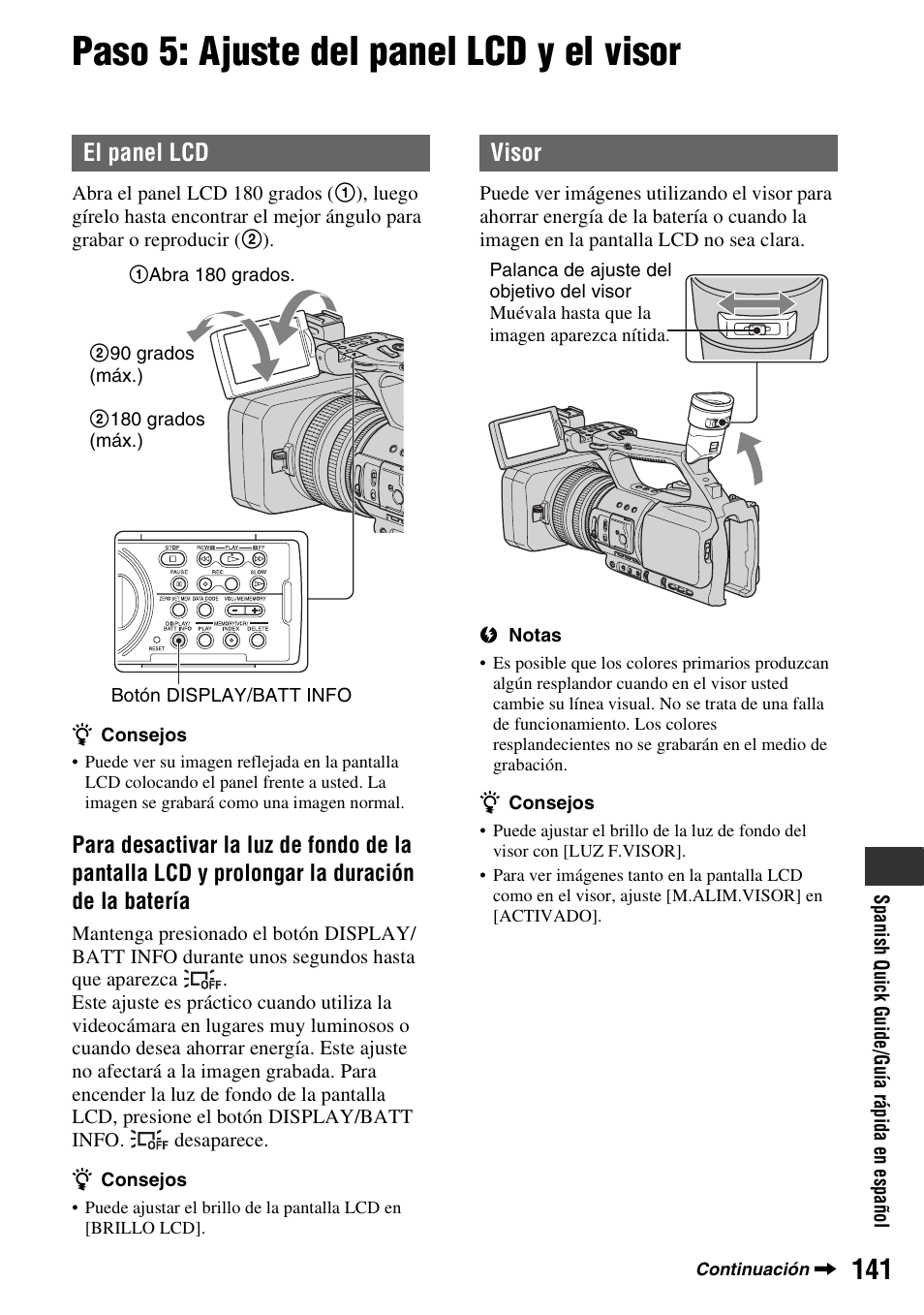 Paso 5: ajuste del panel lcd y el visor, El panel lcd, Visor | Sony HDR-FX1000 User Manual | Page 141 / 151