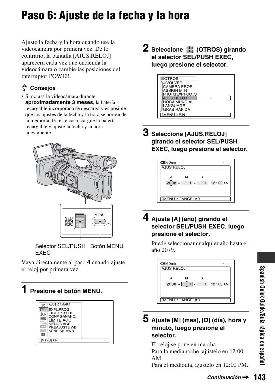 Paso 6: ajuste de la fecha y la hora | Sony HDR-FX1000 User Manual | Page 143 / 151