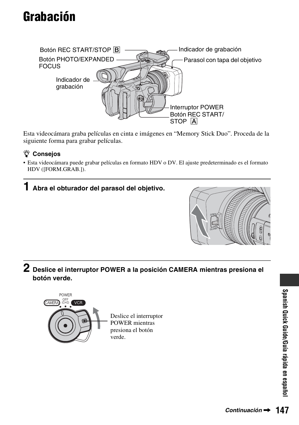 Grabación | Sony HDR-FX1000 User Manual | Page 147 / 151