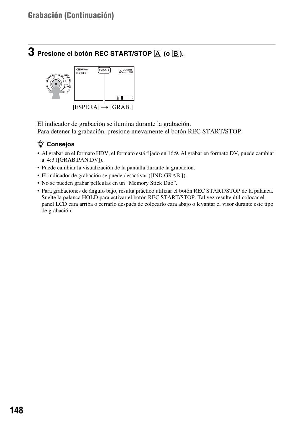 Grabación (continuación) | Sony HDR-FX1000 User Manual | Page 148 / 151